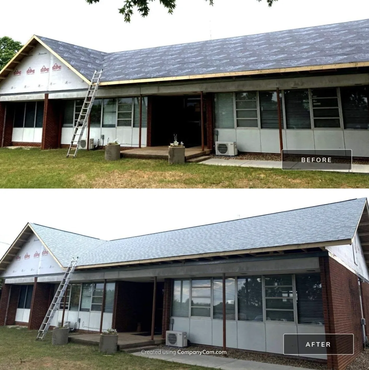 Before and after roof replacement by S&S Roofing in the NC Foothills