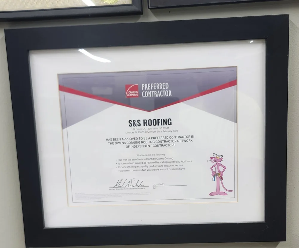 Owens Corning Preferred Contractor Network certificate held by S&S Roofing